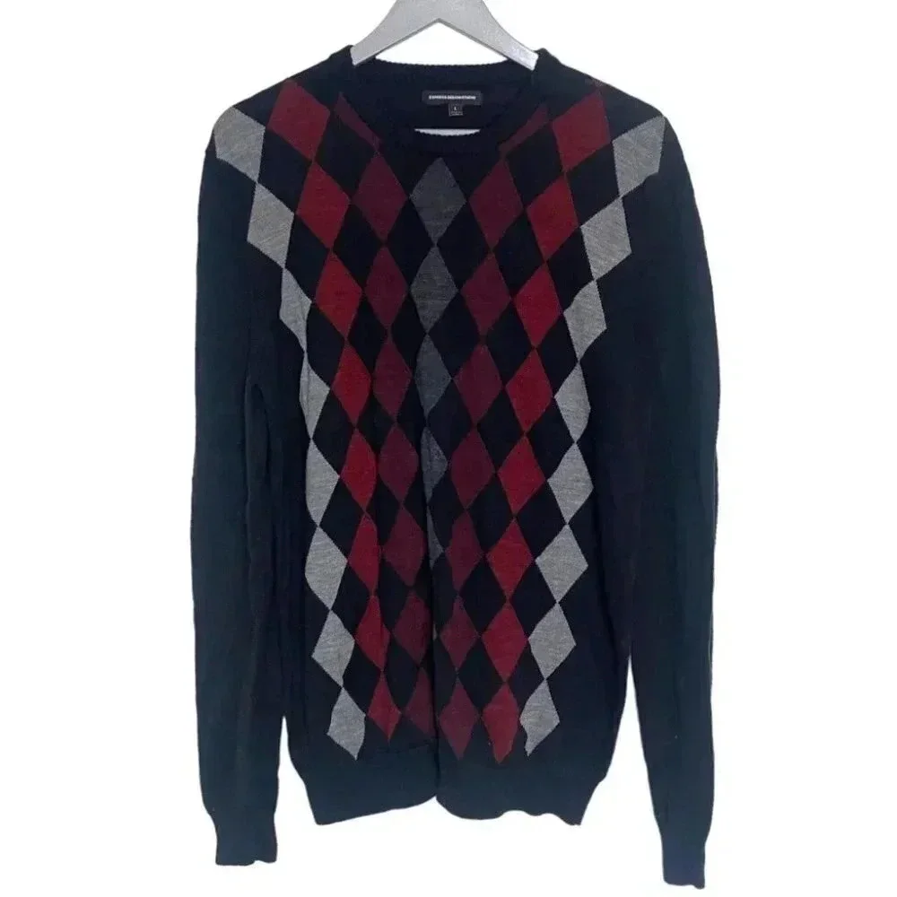 Express Design Studio L 100% merino wool black red +‎ gray crew sweater